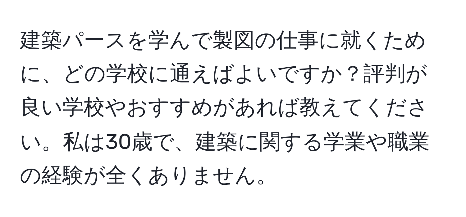 建築パースを学んで製図の仕事に就くために、どの学校に通えばよいですか？評判が良い学校やおすすめがあれば教えてください。私は30歳で、建築に関する学業や職業の経験が全くありません。