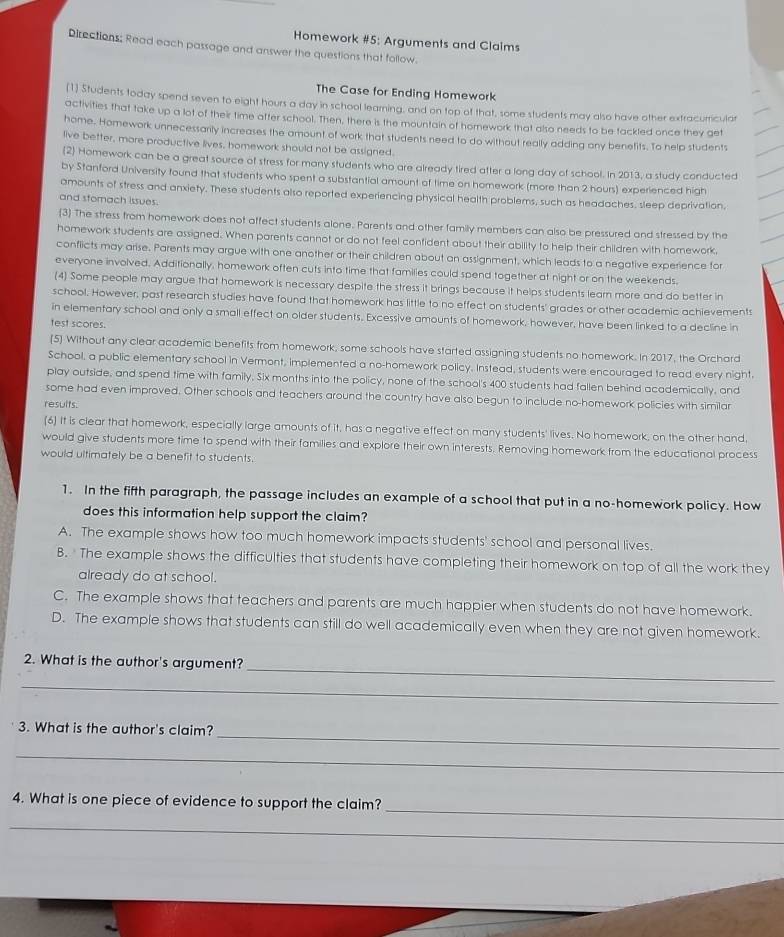 Solved: Homework #5: Arguments and Claims Directions; Read each passage ...