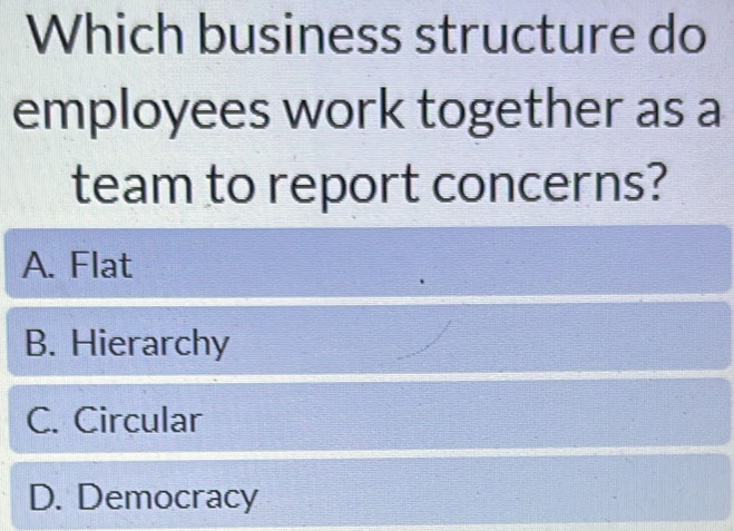 Which business structure do
employees work together as a
team to report concerns?
A. Flat
B. Hierarchy
C. Circular
D. Democracy