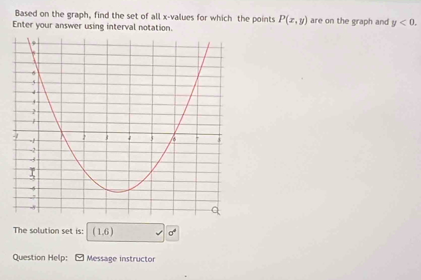 Based on the graph, find the set of all x -values for which the points P(x,y) are on the graph and y<0</tex>. 
Enter your answer using interval notation. 
The solution set is: (1,6) sigma^4
Question Help: Message instructor