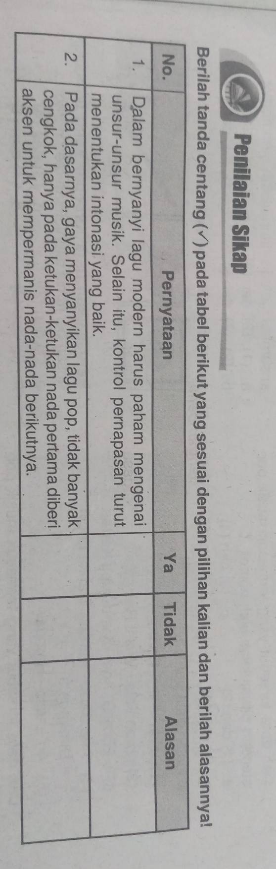 Penilaian Sikap 
Berilah tanda centang (✓) pada tabel berikut yang sesuai dengan pilihan kalian dan berilah alasannya!