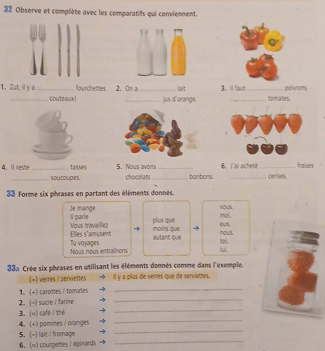 Observe et complète avec les comparatifs qui conviennent. 
1. Zut, il y a_ fourchettes 2. On a_ lait 3、 l faut _poivrons 
_couteaux! _jus d'orange. _tomates. 
4.Il reste_ tasses 5. Nous avons _6. J'ai acheté_ fraises 
_soucoupes. chocolats _bonbons. _cerises. 
33 Forme six phrases en partant des éléments donnés. 
Je mange vOUS. 
Il parle plus que 
moi. 
Vous travaillez eux. 
moins que 
Elles s'amusent nous. 
autant que 
Tu voyages toi. 
Nous nous entraînons lui. 
33a Crée six phrases en utilisant les éléments donnés comme dans l'exemple. 
(+) verres / serviettes Il y a plus de verres que de serviettes. 
_ 
1.(+) carottes / tomates 
_ 
2. (-) sucre / farine 
_ 
3. (=) café / thé 
_ 
4. (+) pommes / oranges 
5.(--) lait / fromage 
_ 
6. (=) courgettes / épinards 
_