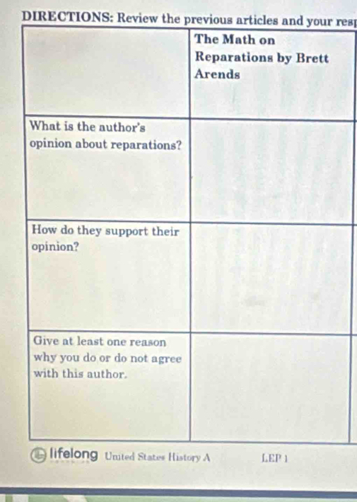 DIRECTIONS: Review the previous articles and your resp