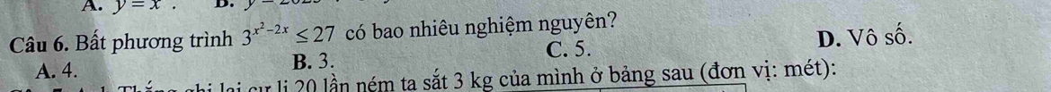 y=x. D.
Câu 6. Bất phương trình 3^(x^2)-2x≤ 27 có bao nhiêu nghiệm nguyên?
C. 5. D. Vô số.
A. 4. B. 3.
cư li 20 lần ném ta sắt 3 kg của mình ở bảng sau (đơn vị: mét):