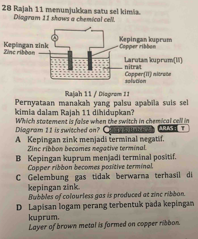 Rajah 11 menunjukkan satu sel kimia.
Diagram 11 shows a chemical cell.
Rajah 11 / Diagram 11
Pernyataan manakah yang palsu apabila suis sel
kimia dalam Rajah 11 dihidupkan?
Which statement is false when the switch in chemical cell in
Diagram 11 is switched on? ○ Tg 5/ Bab 6.2 ARAS:T
A Kepingan zink menjadi terminal negatif.
Zinc ribbon becomes negative terminal.
B Kepingan kuprum menjadi terminal positif.
Copper ribbon becomes positive terminal.
C Gelembung gas tidak berwarna terhasil di
kepingan zink.
Bubbles of colourless gas is produced at zinc ribbon.
D Lapisan logam perang terbentuk pada kepingan
kuprum.
Layer of brown metal is formed on copper ribbon.