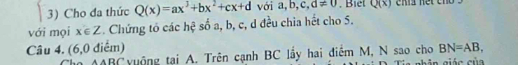 Cho đa thức Q(x)=ax^3+bx^2+cx+d với a, b, c, d!= 0. Biet Q(x)
với mọi x∈ Z. Chứng tó các hệ số a, b, c, d đều chia hết cho 5. 
Câu 4. (6,0 điểm) BN=AB, 
Cho AABC tuộng tại A. Trên cạnh BC lầy hai điểm M, N sao cho 
Tia nhân giác của