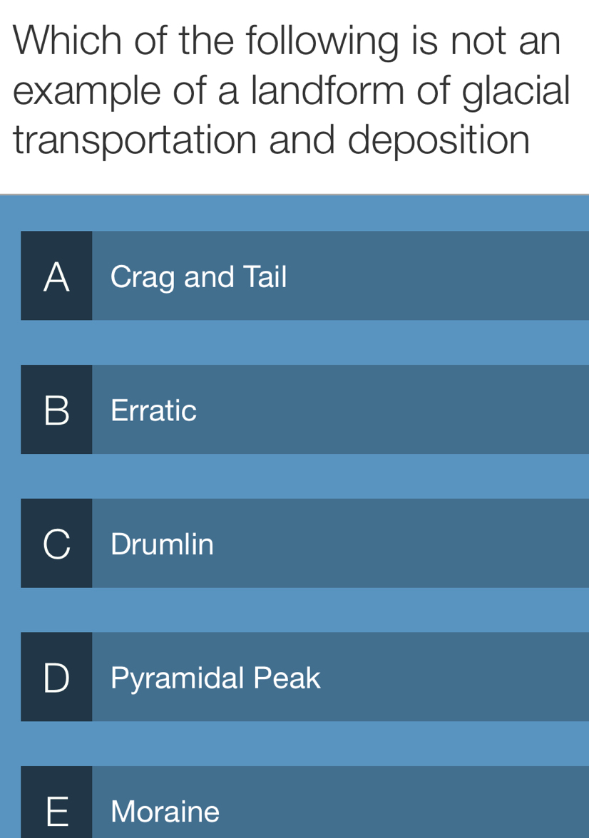 Which of the following is not an
example of a landform of glacial
transportation and deposition
A Crag and Tail
B a Erratic
Drumlin
D Pyramidal Peak
E Moraine