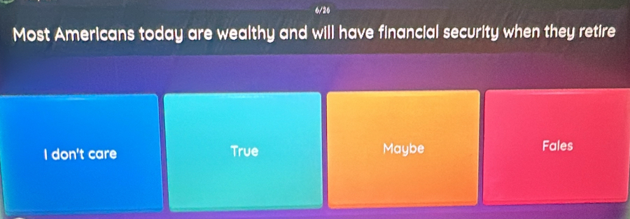 6/26
Most Americans today are wealthy and will have financial security when they retire
I don't care True Maybe
Fales