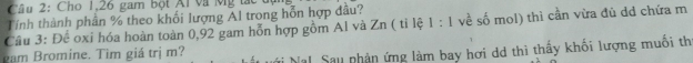 Cho 1,26 gam bột Al và Mỹ tạc ủ 
Tính thành phần % theo khối lượng Ál trong hỗn hợp đầu? 
Câu 3: Để oxi hóa hoàn toàn 0,92 gam hỗn hợp gồm Al và Zn ( tỉ lệ 1:1 về số mol) thì cần vừa đủ dd chứa m 
gam Bromine. Tìm giá trị m? i Nal. Sau phản ứng làm bay hơi dd thì thấy khối lượng muối thị