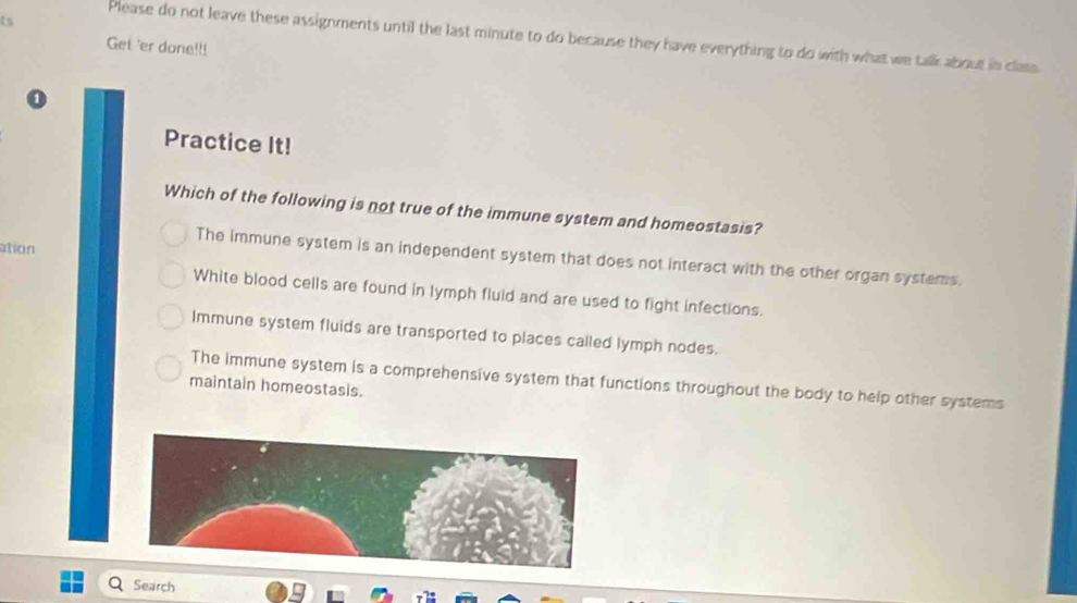 ts
Please do not leave these assignments until the last minute to do because they have everything to do with what we talk about in class
Get 'er done!!!
Practice It!
Which of the following is not true of the immune system and homeostasis?
ation
The immune system is an independent system that does not interact with the other organ systems.
White blood cells are found in lymph fluid and are used to fight infections.
Immune system fluids are transported to places called lymph nodes.
The immune system is a comprehensive system that functions throughout the body to help other systems
maintain homeostasis.
Search