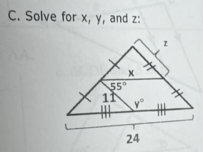 Solve for x, y, and z: