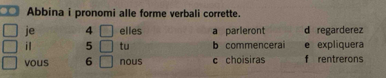 Abbina i pronomi alle forme verbali corrette.
je 4 elles a parleront d regarderez
il 5 tu b commencerai e expliquera
vous 6 nous c choisiras f rentrerons