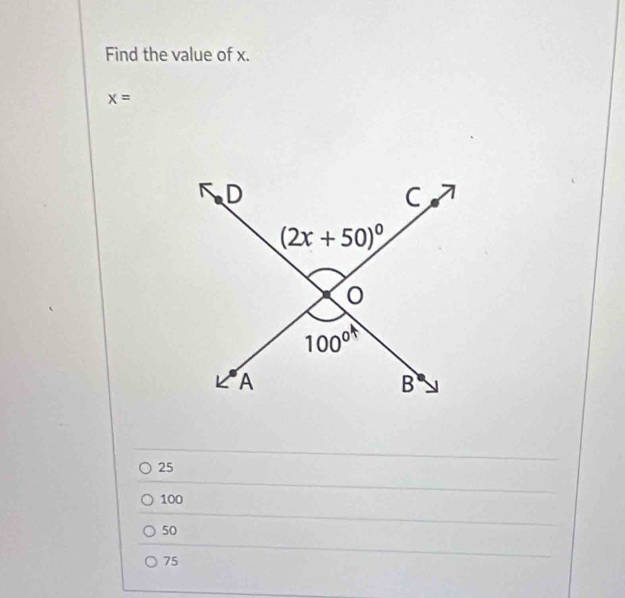 Find the value of x.
x=
25
100
50
75