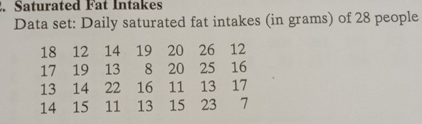 Saturated Fat Intakes 
Data set: Daily saturated fat intakes (in grams) of 28 people
18 12 14 19 20 26 12
17 19 13 8 20 25 16
13 14 22 16 11 13 17
14₹ 15 11 13 15 23 7