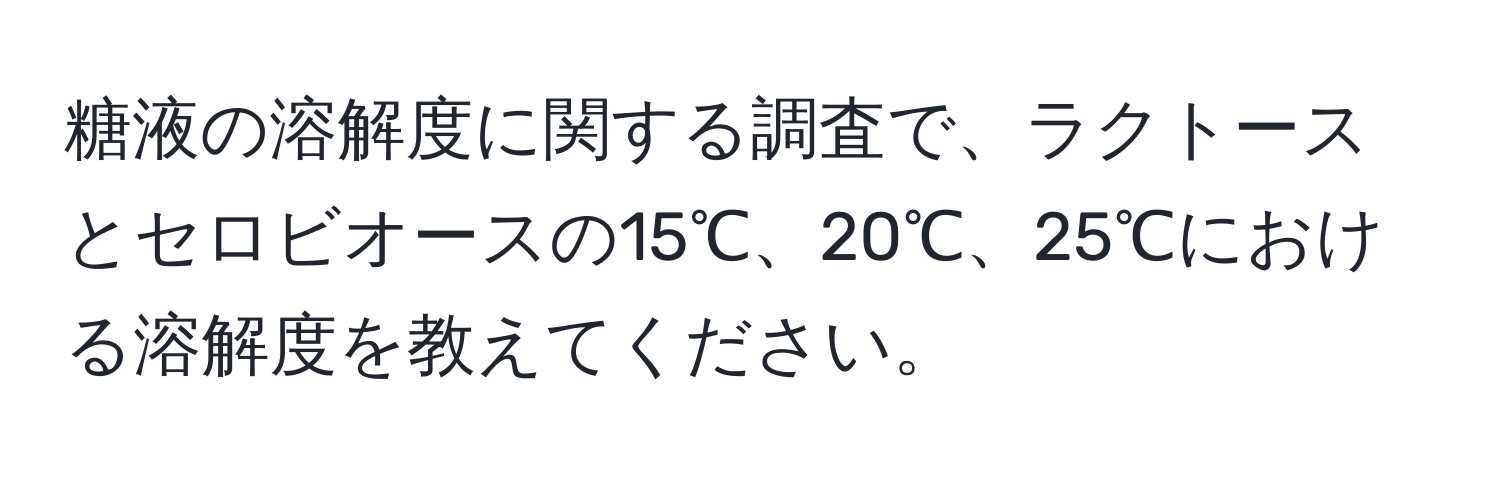 糖液の溶解度に関する調査で、ラクトースとセロビオースの15℃、20℃、25℃における溶解度を教えてください。