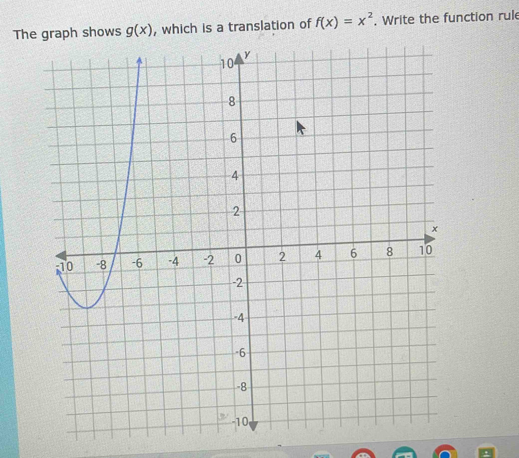 The graph shows g(x) , which is a translation of f(x)=x^2. Write the function rule