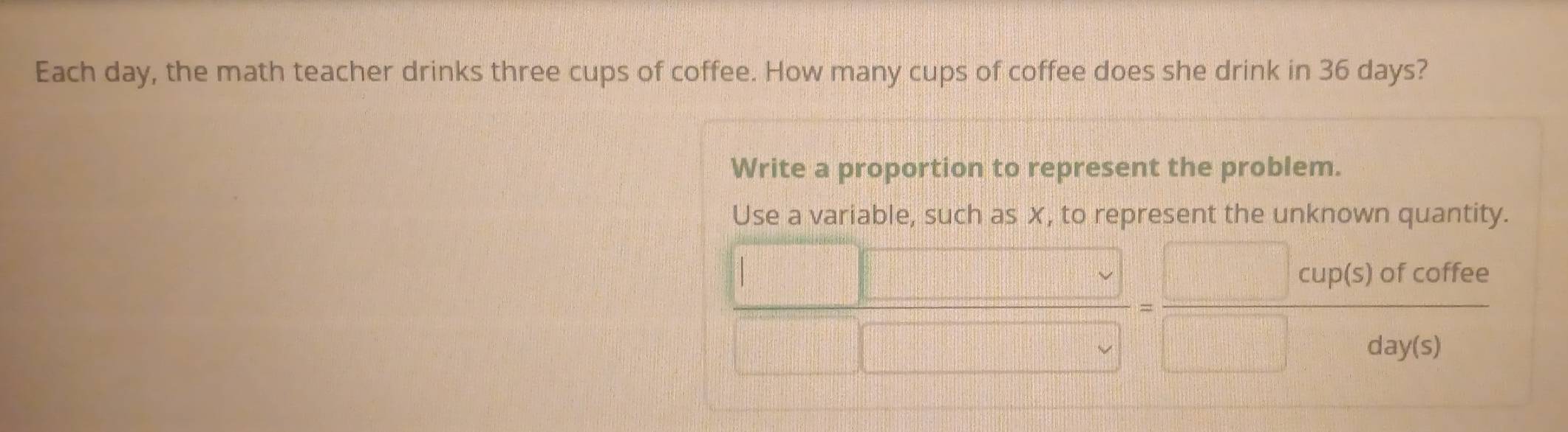 Each day, the math teacher drinks three cups of coffee. How many cups of coffee does she drink in 36 days?