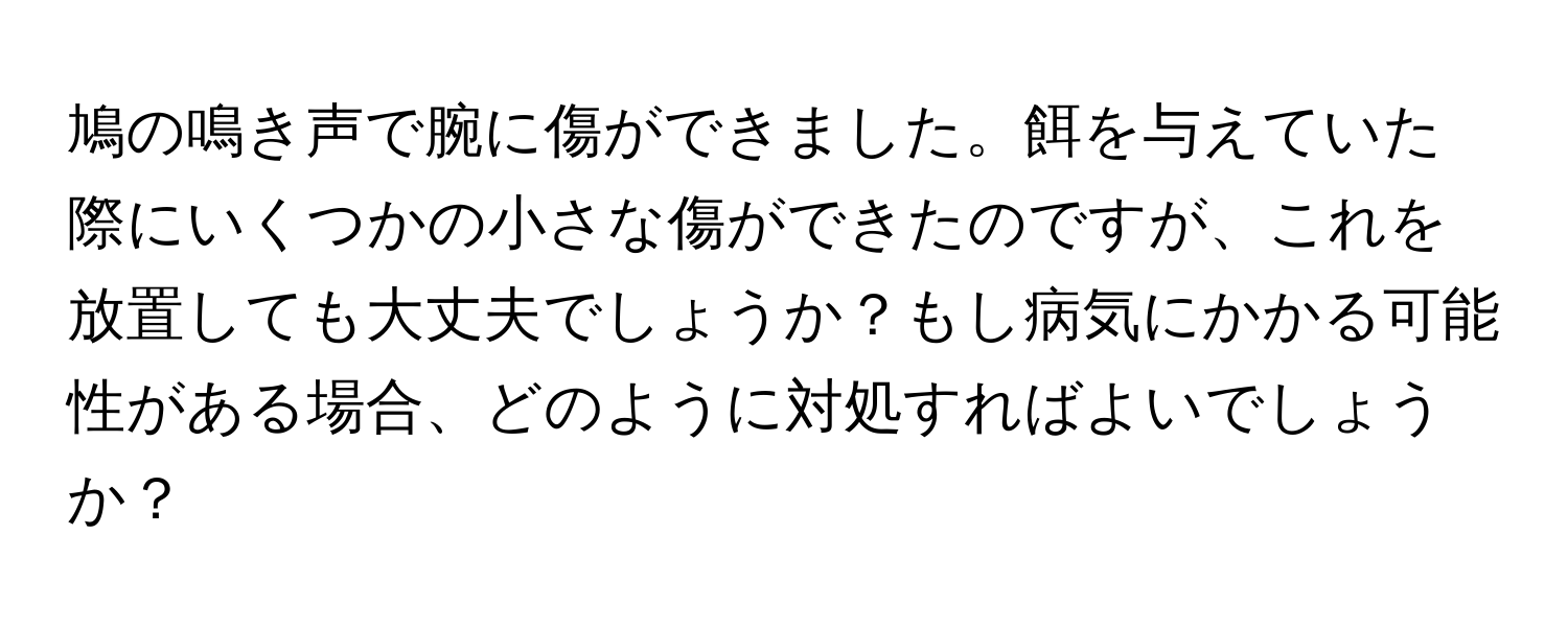 鳩の鳴き声で腕に傷ができました。餌を与えていた際にいくつかの小さな傷ができたのですが、これを放置しても大丈夫でしょうか？もし病気にかかる可能性がある場合、どのように対処すればよいでしょうか？