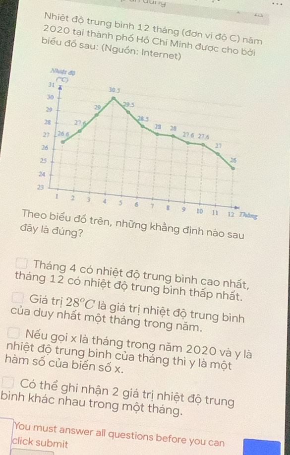 Taung
a
Nhiệt độ trung bình 12 tháng (đơn vị độ C) năm
2020 tại thành phố Hồ Chí Minh được cho bởi
biểu đổ sau: (Nguồn: Internet)
những khẳng định nào sau
đây là đúng?
Tháng 4 có nhiệt độ trung bình cao nhất,
tháng 12 có nhiệt độ trung bình thấp nhất.
Giá trị 28°C là giá trị nhiệt độ trung bình
của duy nhất một tháng trong năm.
Nếu gọi x là tháng trong năm 2020 và y là
nhiệt độ trung bình của tháng thì y là một
hàm số của biến số x.
Có thể ghi nhận 2 giá trị nhiệt độ trung
bình khác nhau trong một tháng.
You must answer all questions before you can
click submit