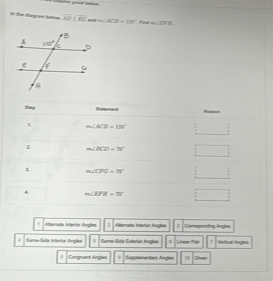 ma prée cetene 
In the diagram below. overline ADparallel overline EC and m∠ ACB=80° Find m∠ EBL
1 Aternate Interior Angles 2 Alterate Interor Angles 3 Caresganding Anges
4 Same-Side Interior Angles Same-Side Exteror Angles 5 Lirear Pair 7 Verticall Amgles
B Congruent Angles 9 Supplementary Angles Given