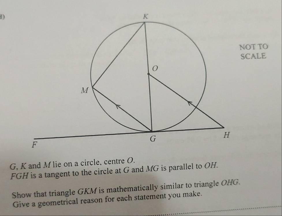 NOT TO 
SCALE
G, K and M lie on a circle, centre O.
FGH is a tangent to the circle at G and MG is parallel to OH. 
Show that triangle GKM is mathematically similar to triangle OHG. 
Give a geometrical reason for each statement you make.