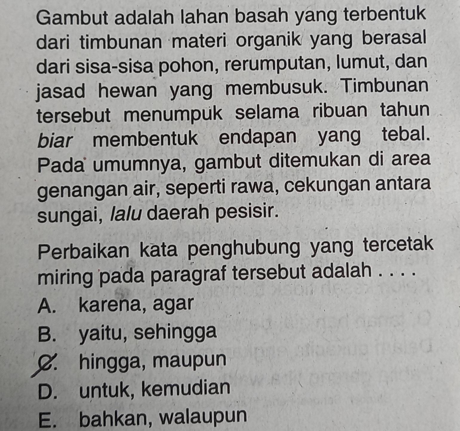 Gambut adalah lahan basah yang terbentuk
dari timbunan materi organik yang berasal
dari sisa-sisa pohon, rerumputan, lumut, dan
jasad hewan yang membusuk. Timbunan
tersebut menumpuk selama ribuan tahun
biar membentuk endapan yang tebal.
Pada umumnya, gambut ditemukan di area
genangan air, seperti rawa, cekungan antara
sungai, lalu daerah pesisir.
Perbaikan kata penghubung yang tercetak
miring pada paragraf tersebut adalah . . . .
A. karena, agar
B. yaitu, sehingga
C. hingga, maupun
D. untuk, kemudian
E. bahkan, walaupun