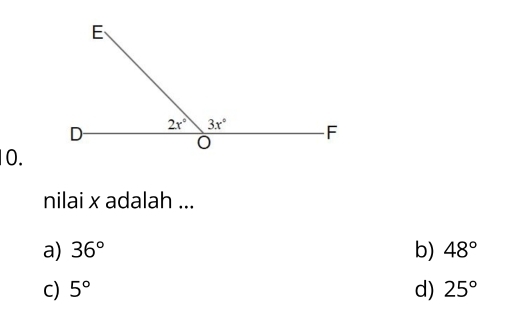 nilai x adalah ...
a) 36° b) 48°
c) 5° d) 25°