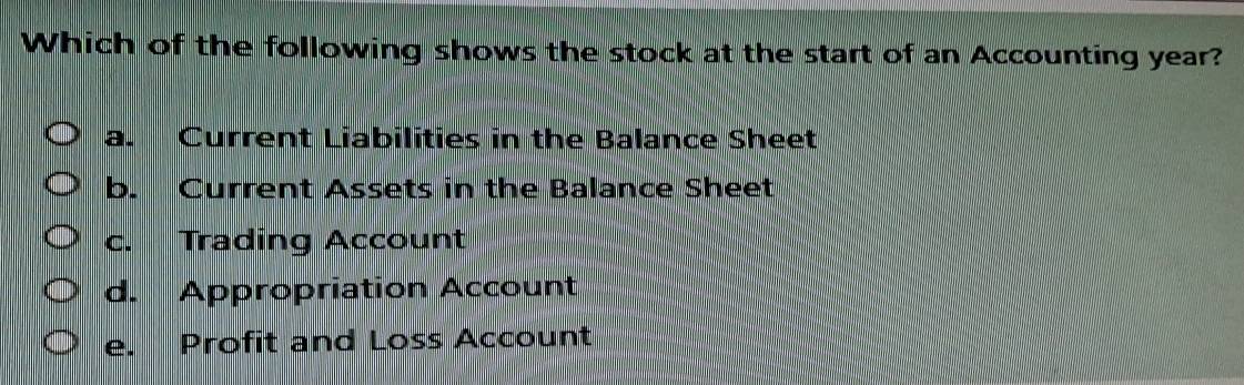 Which of the following shows the stock at the start of an Accounting year?
a. Current Liabilities in the Balance Sheet
b. Current Assets in the Balance Sheet
c. Trading Account
d. Appropriation Account
e. Profit and Loss Account