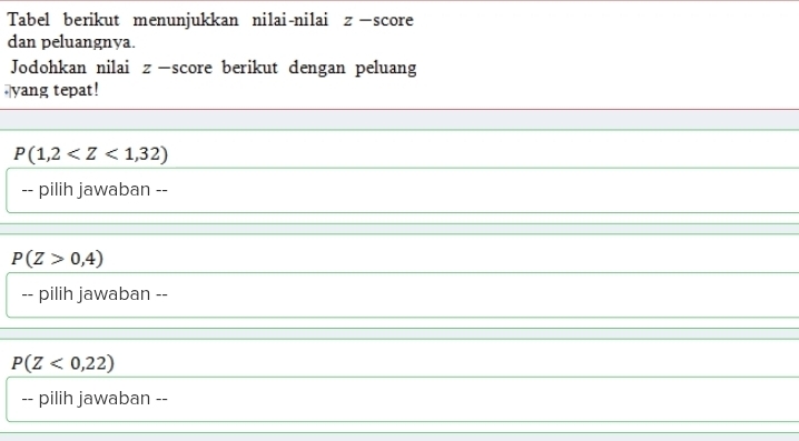 Tabel berikut menunjukkan nilai-nilai z —score
dan peluangnya.
Jodohkan nilai z-score berikut dengan peluang
yang tepat!
P(1,2
-- pilih jawaban --
P(Z>0,4)
-- pilih jawaban --
P(Z<0,22)
-- pilih jawaban --