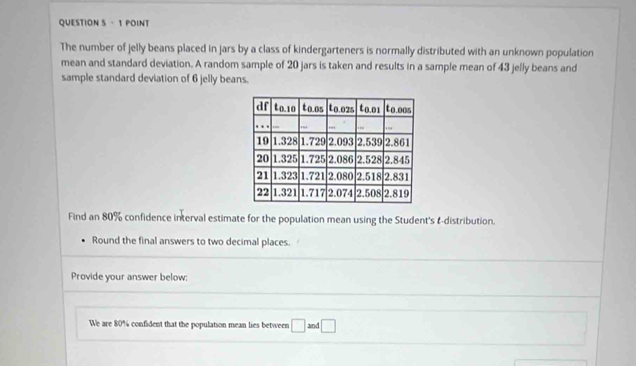 The number of jelly beans placed in jars by a class of kindergarteners is normally distributed with an unknown population 
mean and standard deviation. A random sample of 20 jars is taken and results in a sample mean of 43 jelly beans and 
sample standard deviation of 6 jelly beans. 
Find an 80% confidence interval estimate for the population mean using the Student's t-distribution. 
Round the final answers to two decimal places. 
Provide your answer below: 
We are 80% confident that the population mean lies between □ and □