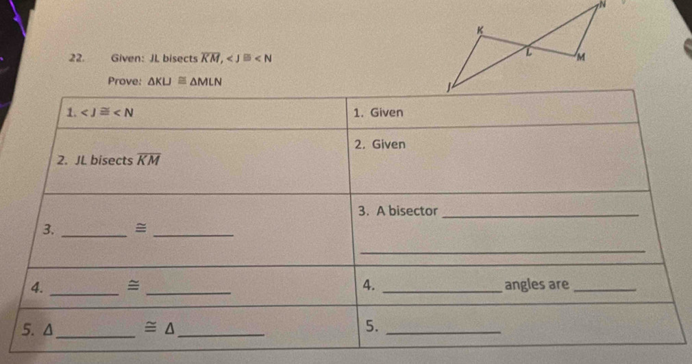 Given: JL bisects overline KM,
Prove: △ KLJ≌ △ MLN