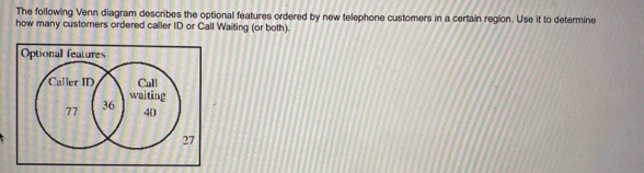 The following Venn diagram describes the optional features ordered by new telephone customers in a certain region. Use it to determine 
how many customers ordered caller ID or Call Waiting (or both). 
Optional features