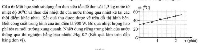 Một học sinh sử dụng ẩm đun siêu tốc đề đun sôi 1,3 kg nước t
nhiệt độ 30°C và theo dõi nhiệt độ của nước thông qua nhiệt kể tại cá
thời điểm khác nhau. Kết quả thu được được vẽ trên đồ thị hình bên
Biết công suất trung bình của ẩm điện là 900 W. Bỏ qua nhiệt lượng ha
phí tỏa ra môi trưởng xung quanh. Nhiệt dung riêng trung bình của nướ
thông qua thí nghiệm bằng bao nhiêu J/kg.K? (Kết quả làm tròn đế
hàng đơn vị). )