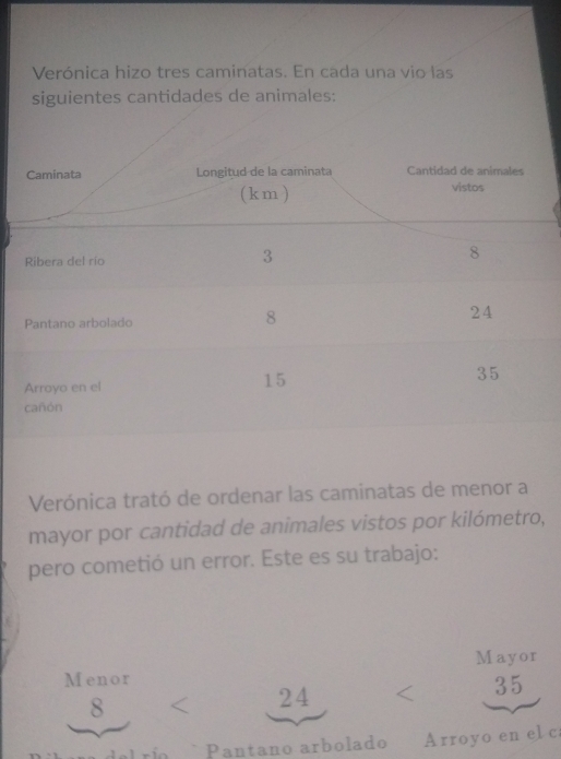 Verónica hizo tres caminatas. En cada una vio las 
siguientes cantidades de animales: 
Verónica trató de ordenar las caminatas de menor a 
mayor por cantidad de animales vistos por kilómetro, 
pero cometió un error. Este es su trabajo: 
Mayor 
Menor
8
24
35
Pantano arbolado Arroyo en el c