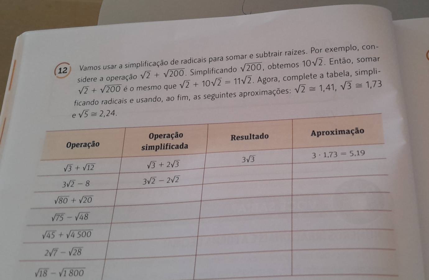 Vamos usar a simplificação de radicais para somar e subtrair raízes. Por exemplo, con-
sidere a operação sqrt(2)+sqrt(200). Simplificando sqrt(200), , obtemos 10sqrt(2). Então, somar
sqrt(2)+sqrt(200) é o mesmo que sqrt(2)+10sqrt(2)=11sqrt(2). Agora, complete a tabela, simpli-
ficando radicais e usando, ao fim, as seguintes aproximações: sqrt(2)≌ 1,41,sqrt(3)≌ 1,73
sqrt(18)-sqrt(1800)