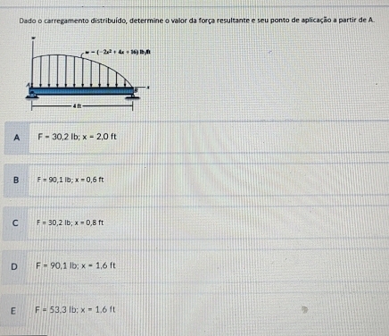 Dado o carregamento distribuído, determine o valor da força resultante e seu ponto de aplicação a partir de A.
x=-(-2x^2+4x+16)B
4 π
A F=30.2 l|b 1 x=2,0ft
B F=90,1lb; x=0,6ft
C F=30,2lb; x=0,8ft
F=90.1 Ib; x=1,6ft
E F=53.3 1b: x=1.6ft