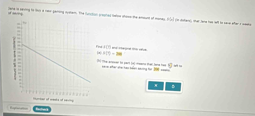 of saving. 
Jane is saving to buy a new garning system. The function graphed below shows the amount of money, S(x) (in dollars), that Jane has left to save after x weeks
Find S(7) and interpret this value. 
(a) S(7)=200
(b) The answer to part (a) means that Jane has left to 
save after she has been saving for 200 weeks. 
× 6 
Explanation Recheck