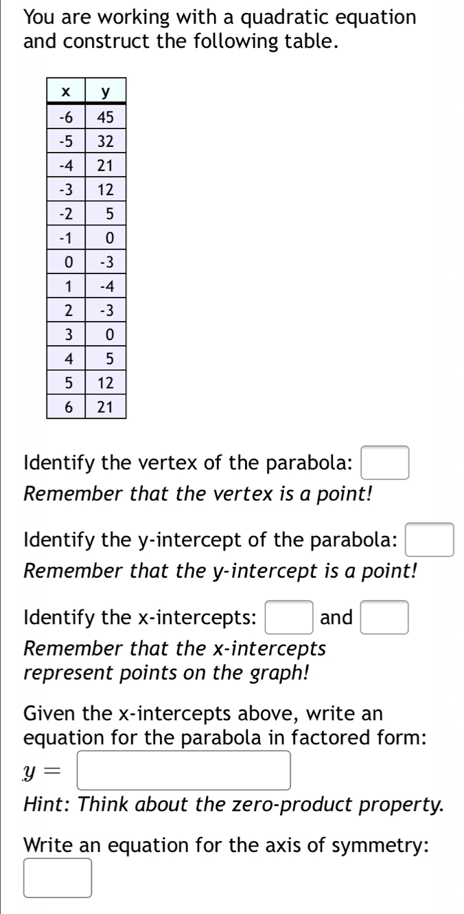 You are working with a quadratic equation
and construct the following table.
Identify the vertex of the parabola:
Remember that the vertex is a point!
Identify the y-intercept of the parabola:
Remember that the y-intercept is a point!
Identify the x-intercepts: and
Remember that the x-intercepts
represent points on the graph!
Given the x-intercepts above, write an
equation for the parabola in factored form:
y=□
Hint: Think about the zero-product property.
Write an equation for the axis of symmetry: