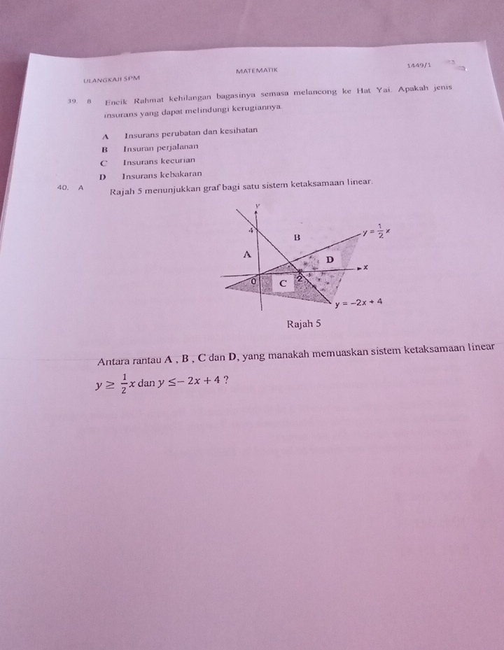 ULANGKAJI SPM MATEMATIK 1449/1
39. 8 Encik Rahmat kehilangan bagasinya semasa melancong ke Hat Yai. Apakah jenis
insurans yang dapat melindungi kerugiannya
A Insurans perubatan dan kesihatan
B Insuran perjalanan
C Insurans kecurian
D Insurans kebakaran
40. A Rajah 5 menunjukkan graf bagi satu sistem ketaksamaan linear.
Rajah 5
Antara rantau A , B , C dan D, yang manakah memuaskan sistem ketaksamaan linear
y≥  1/2 xdany≤ -2x+4 ?