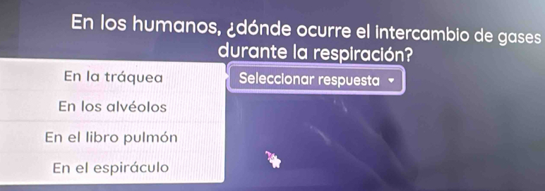 En los humanos, ¿dónde ocurre el intercambio de gases
durante la respiración?
En la tráquea Seleccionar respuesta `
En los alvéolos
En el libro pulmón
En el espiráculo