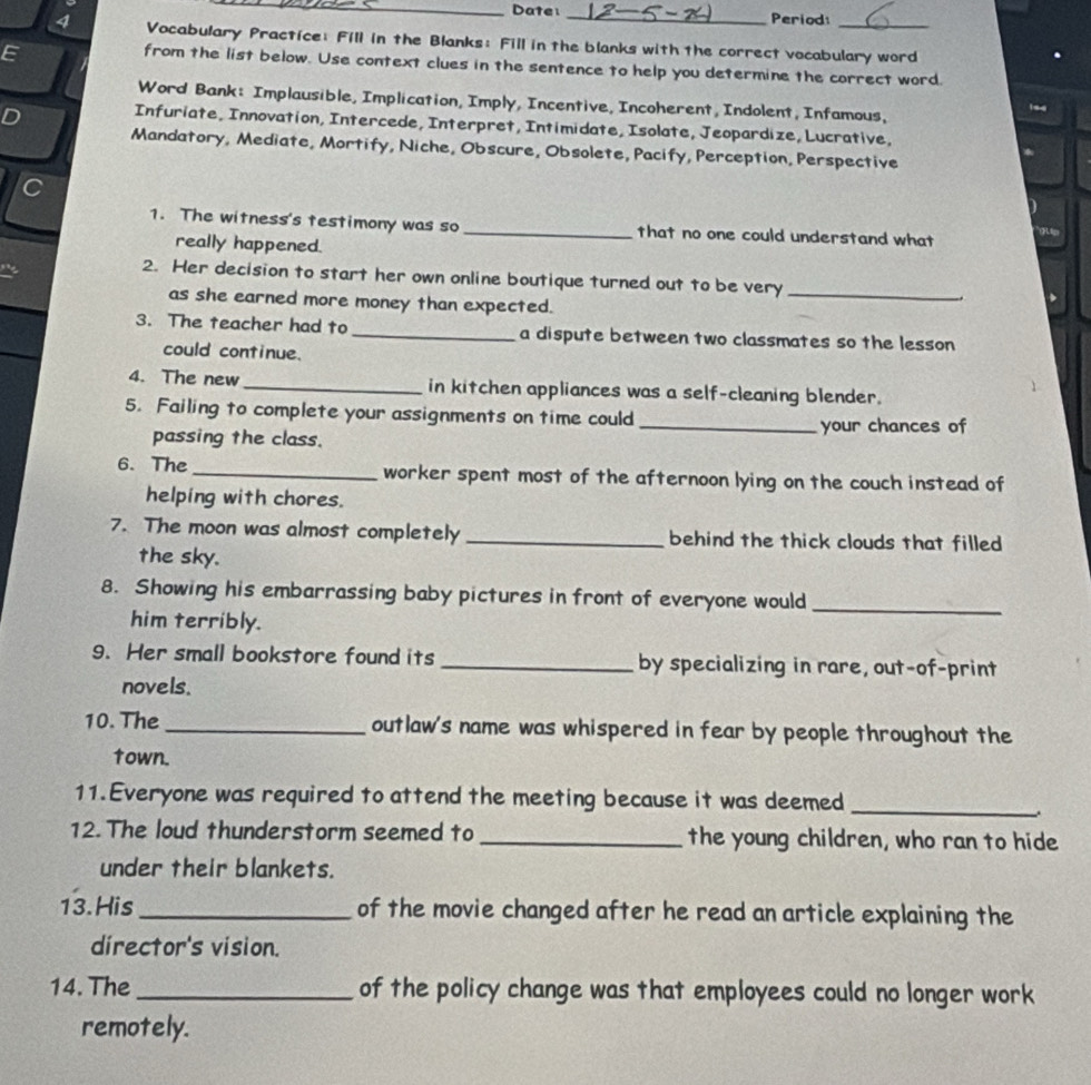 Solved: Date: _Period: 4 Vocabulary Practice: Fill in the Blanks: Fill ...