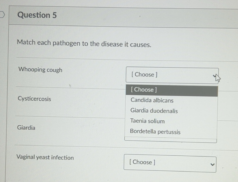 Solved: Match each pathogen to the disease it causes. Whooping cough ...