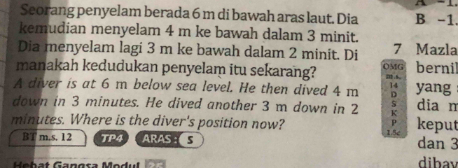 A 
Seorang penyelam berada 6 m di bawah aras laut. Dia B -1. 
kemudian menyelam 4 m ke bawah dalam 3 minit. 
Dia menyelam lagi 3 m ke bawah dalam 2 minit. Di 7 Mazla 
manakah kedudukan penyelam itu sekarang? OMG bernil 
m .6, 
A diver is at 6 m below sea level. He then dived 4 m 14 yang 
D 
down in 3 minutes. He dived another 3 m down in 2 K dia m 
$
minutes. Where is the diver's position now? keput 
P 
BT m.s. 12 TP4 ARAS :S 1.5c dan 3
Hebat Gängsa dibav