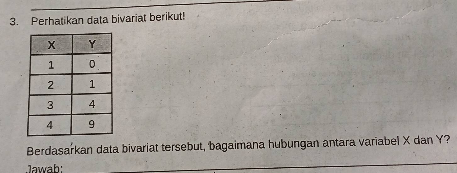 Perhatikan data bivariat berikut! 
Berdasarkan data bivariat tersebut, bagaimana hubungan antara variabel X dan Y? 
Jawab: