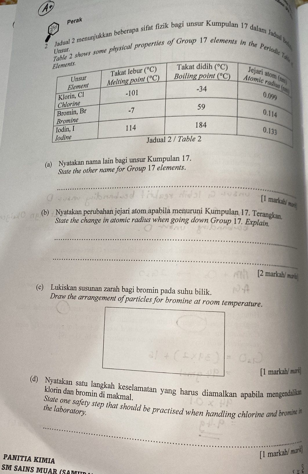 A
      
Perak
2 Jadual 2 menunjukkan beberapa sifat fizik bagi unsur Kumpulan 17 dalam Jadual Be
Unsur.
2 shows some physical properties of Group 17 elements in the Periodic T
(a) Nyatakan nama lain bagi unsur Kumpulan 17.
State the other name for Group 17 elements.
_
[1 markah/ mor 
(b) Nyatakan perubahan jejari atom apabila menuruni Kumpulan 17. Terangkan.
State the change in atomic radius when going down Group 17. Explain.
_
_
[2 markah/ marki
(c) Lukiskan susunan zarah bagi bromin pada suhu bilik.
Draw the arrangement of particles for bromine at room temperature.
[1 markah/mark]
(d) Nyatakan satu langkah keselamatan yang harus diamalkan apabila mengendalikan
klorin dan bromin di makmal.
State one safety step that should be practised when handling chlorine and bromine in
the laboratory.
_
[1 markah/ mark]
PANITIA KIMIA
SM SAINS MUAR