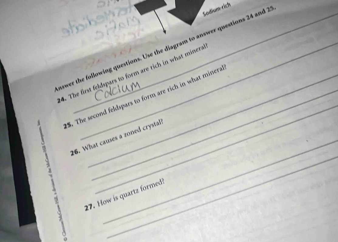 Sodium-rich 
nswer the following questions. Use the diagram to answer questions 24 and 2 
_ 
4. The first feldspars to form are rich in what minera 
5. The second feldspars to form are rich in what minera 
_ 
26. What causes a zoned crystall 

_ 
27. How is quartz formed?