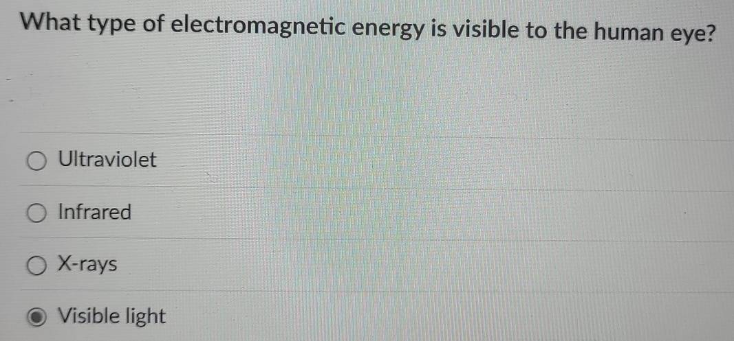 What type of electromagnetic energy is visible to the human eye?
Ultraviolet
Infrared
X -rays
Visible light