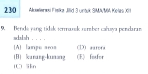 230 Akselerasi Fisika Jilid 3 untuk SMA/MA Kelas XII
9. Benda yang tidak termasuk sumber cahaya pendaran
adalah . . . .
(A) lampu neon (D) aurora
(B) kunang-kunang (E) fosfor
(C) lilin