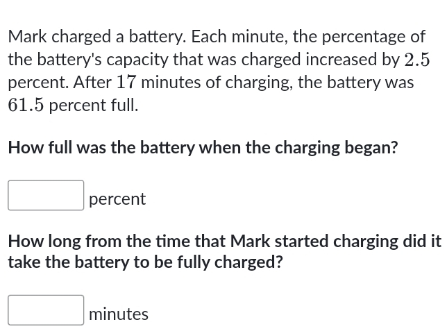 Mark charged a battery. Each minute, the percentage of 
the battery's capacity that was charged increased by 2.5
percent. After 17 minutes of charging, the battery was
61.5 percent full. 
How full was the battery when the charging began? 
□ percent 
How long from the time that Mark started charging did it 
take the battery to be fully charged?
□ minutes