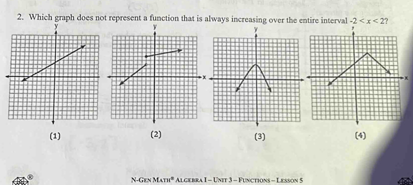 Which graph does not represent a function that is always increasing over the entire interval -2 ?
x
(1) (2) (3) (4)
N-Gen M ATH^8 Algebra I - Unit 3 - Functions - Lesson 5